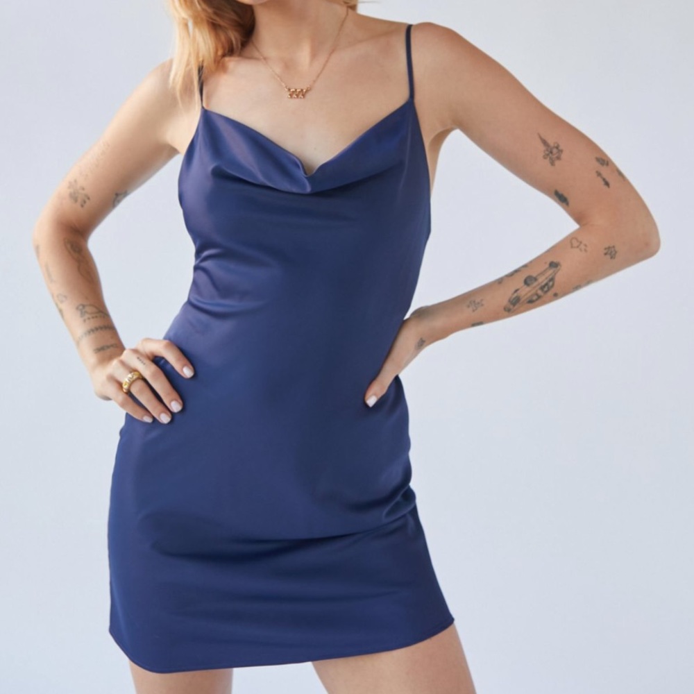 SOLD URBAN OUTFITTERS navy satin cowl neck mini dress
